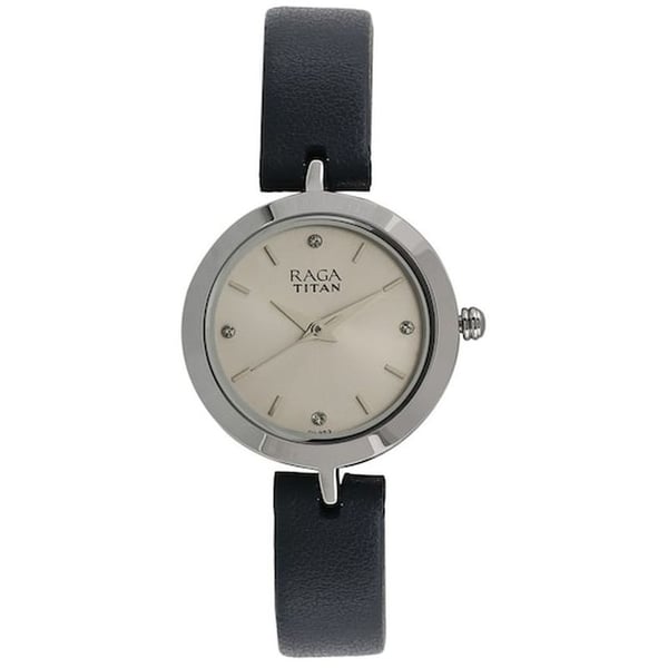 Titan Raga Women Watch Analog Silver Dial With Black Leather Strap, 2540SL01