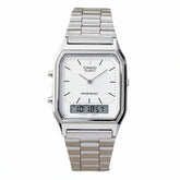 Casio Vintage Unisex Watch Analog-Digital White Dial With Silver Stainless Steel Band, AQ-230A-7DMQD