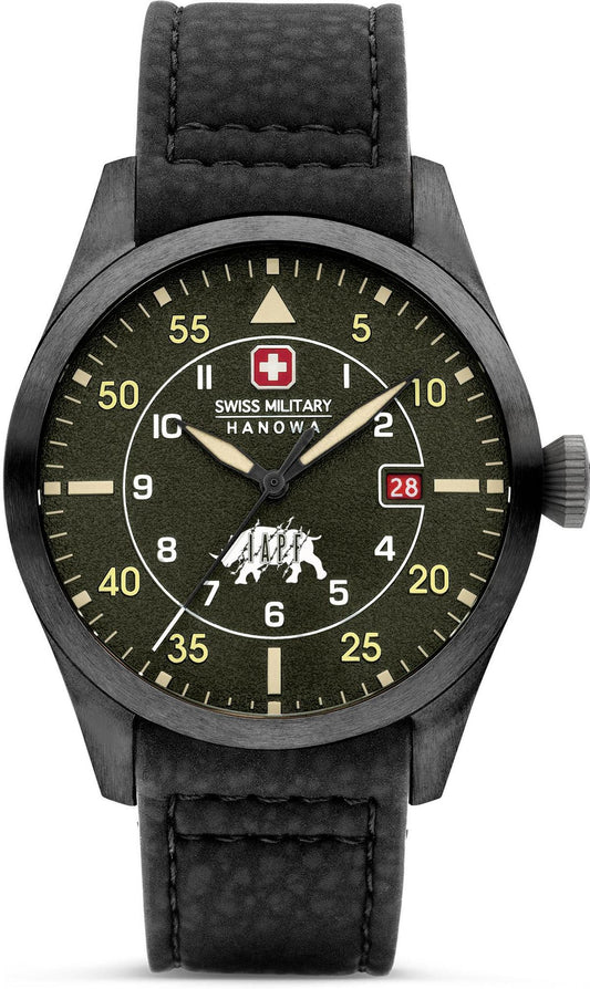 Swiss Military Hanowa Men's Analog Watch Green Dial with Black Vegan Leather Strap, SMWGN0001231