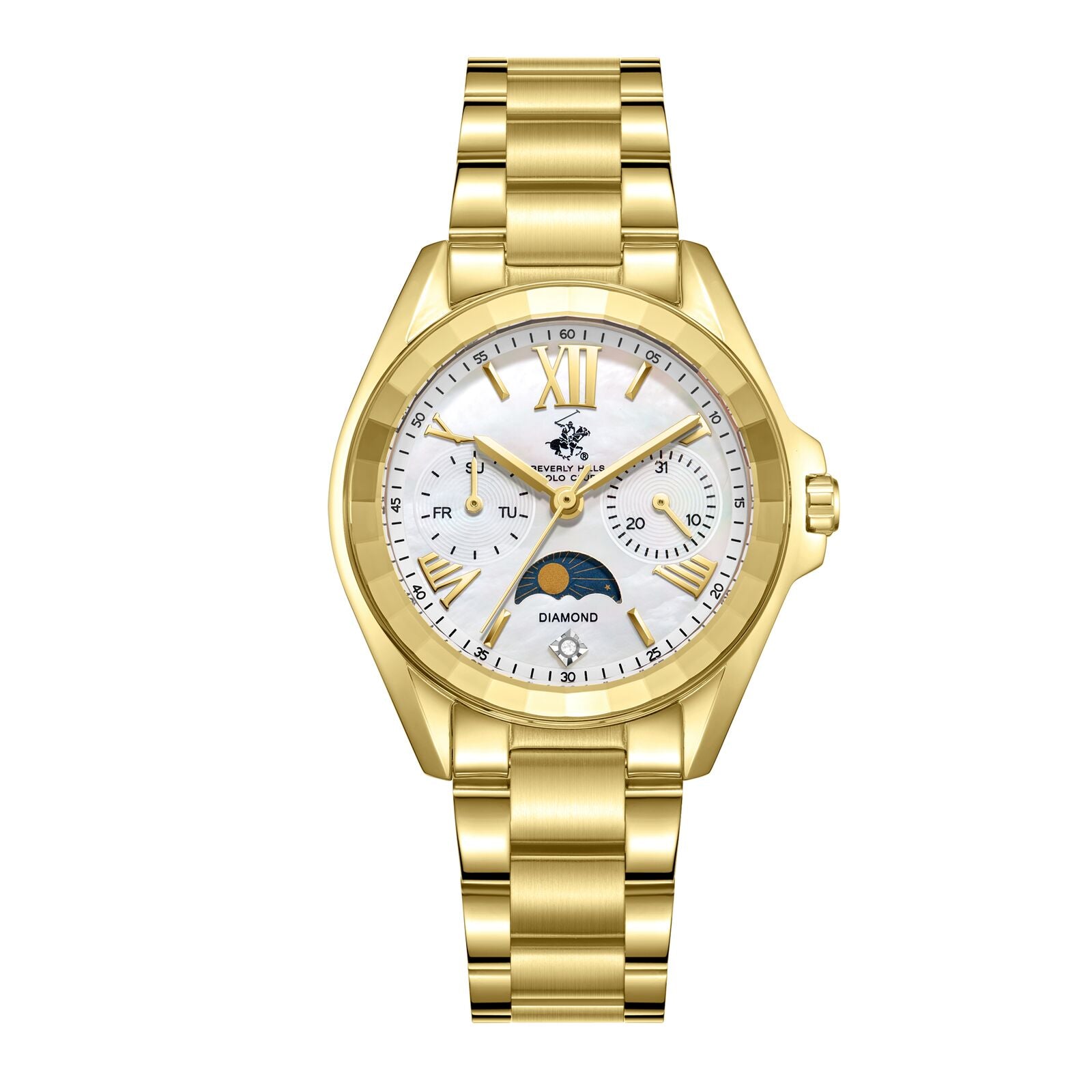 Beverly Hills Polo Club Moon Phase Women's Watch Analog Mother of Pearl Dial with Gold Stainless Steel Band, BP3763X.120