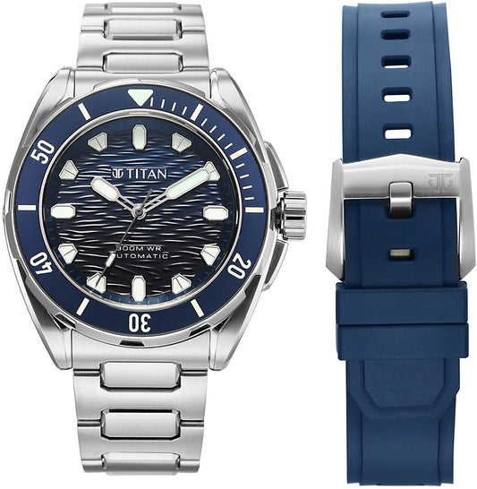 Titan Zero Hour Diver's Series Men's Automatic Watch Blue Dial with Silver Stainless Steel Band | 300M Water Resistant, 10069KM01