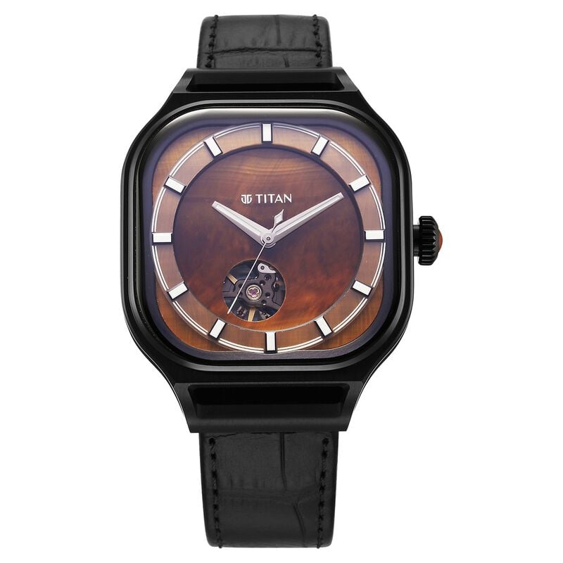 Titan Men's Caelum Tiger Eye Automatic Stellar Edition Brown Dial With Black Leather Strap, 10008NL02