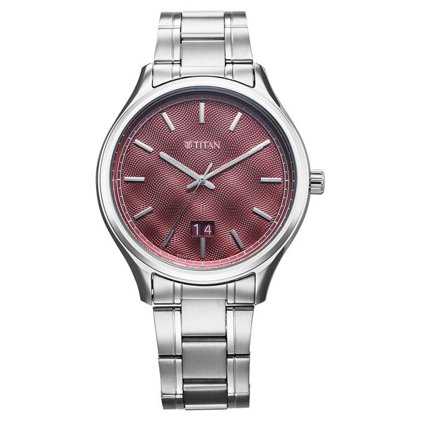 Titan Men's Watch Analog Maroon Dial with Silver Stainless Steel Band, 10033SM02