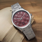 Titan Men's Watch Analog Maroon Dial with Silver Stainless Steel Band, 10033SM02