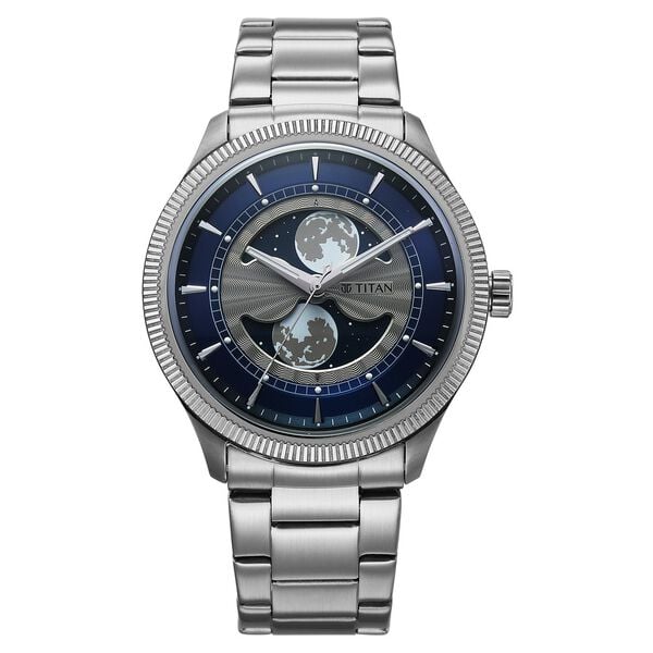 Titan Stellar Analog Men's Watch with Dual Moon Phase and Blue Dial and Silver Stainless Steel Strap,10050SM01