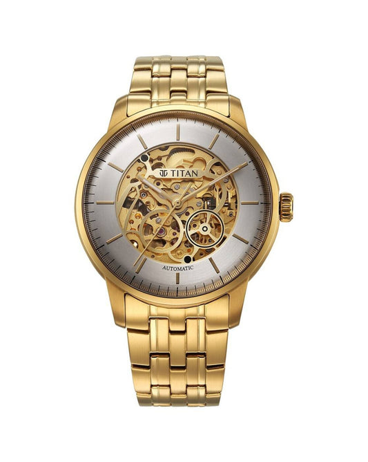 Titan Men's Automatic Watch Silver Dial With Gold Stainless Steel Strap , 90110YM01