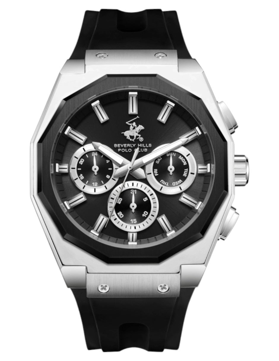 Beverly Hills Polo Club Men's Analog Watch, Black Dial Multi-Function With Black Silicon Strap, BP3815X.351