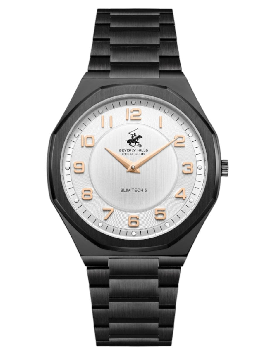 Beverly Hills Polo Club Men's Analog Watch, Silver Dial  With Black Stainless Steel Band, BP3832X.030