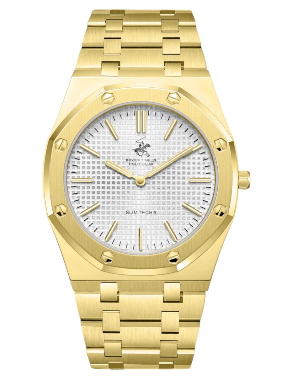 Beverly Hills Polo Club Men's Slim Analog Watch, Silver Dial  With Golden Metal Band, BP3825X.130