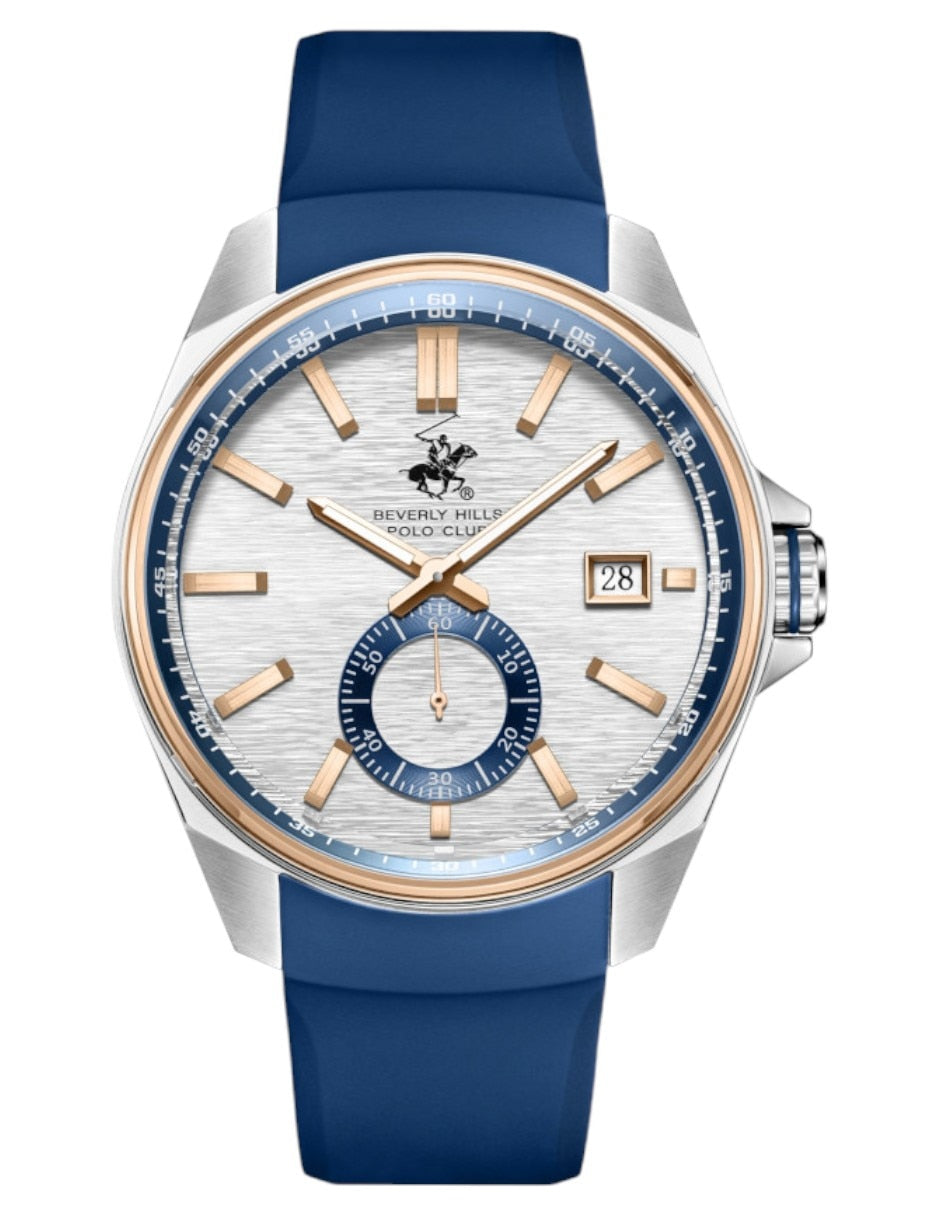 Beverly Hills Polo Club Men's Analog Watch, Silver Dial Multi-Function With Blue Silicon Strap, BP3837X.339