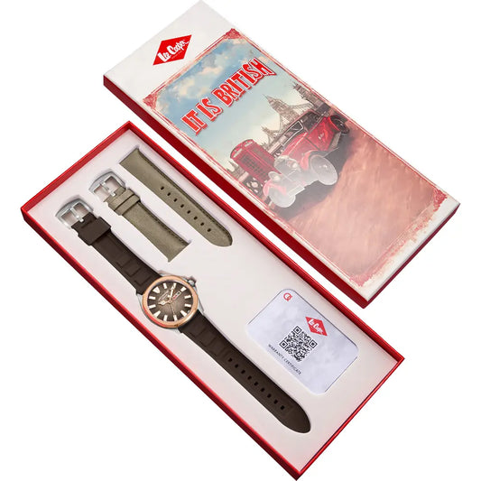 Lee Cooper Men's Analog Watch Gift Set with Brown Dial and Brown Silicone Band ,LC08364.542