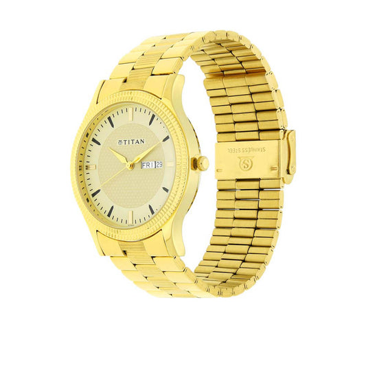 Titan Men's Watch Analog, Champagne Dial Gold Stainless Steel Strap Watch, 1650YM04