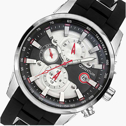 Quantum Men's Watch Analog Silver Dial with Black Silicone Band, ADG678.331