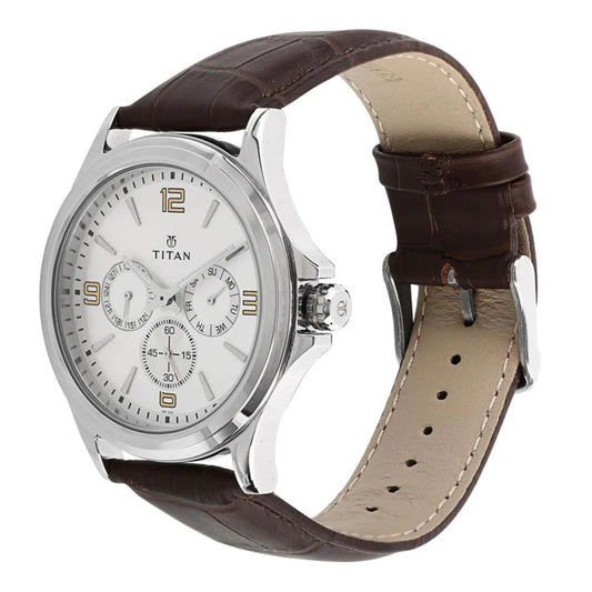 Titan 1698SL01, Men's Watch Classique Collection Analog, White Dial Brown Leather Strap