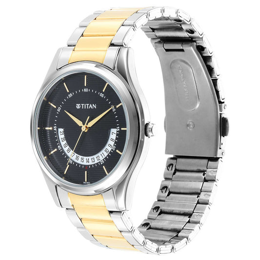 Titan Men's Watch Black Dial Silver & Gold Stainless Steel Strap Watch, 1713BM02