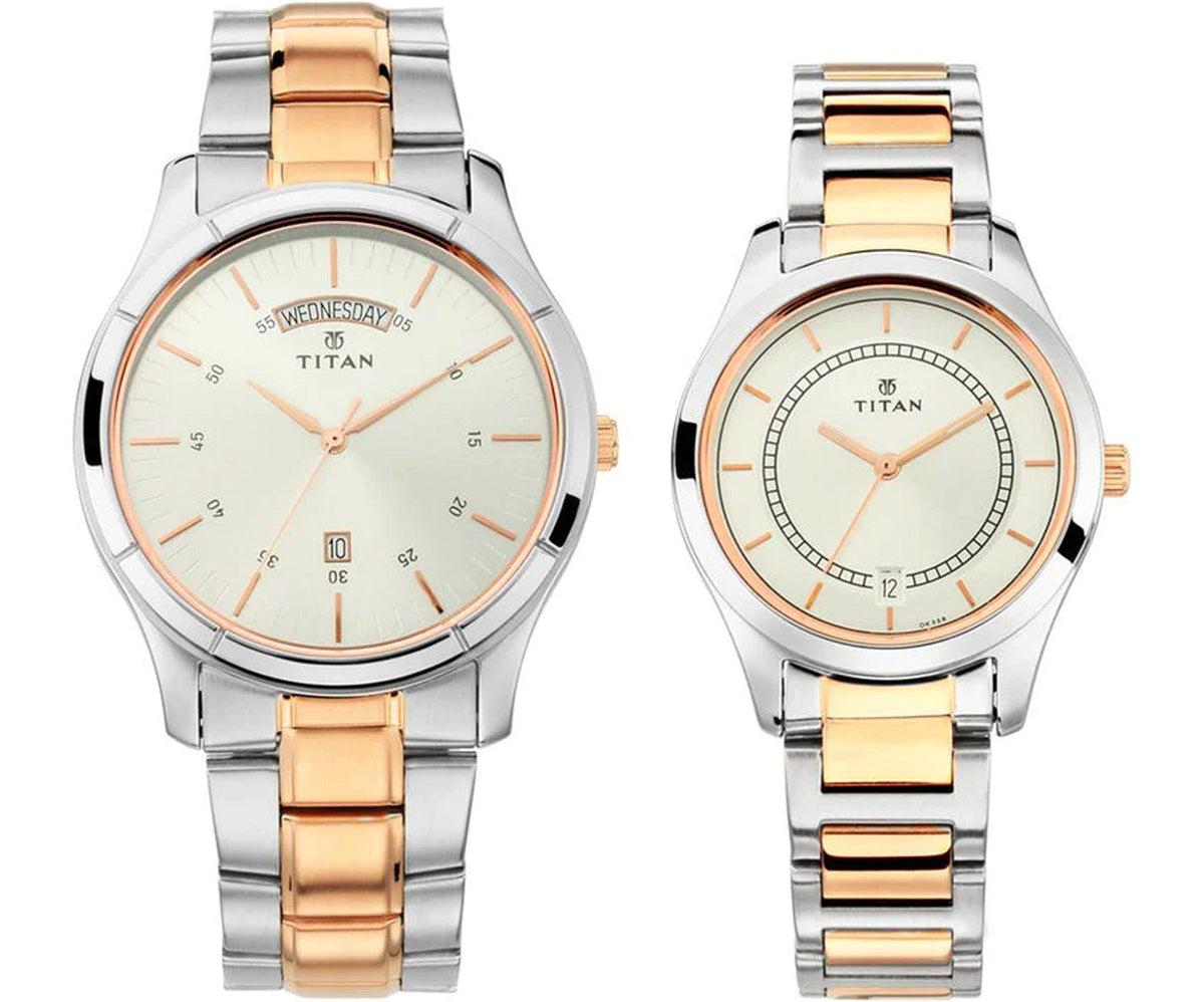 Titan, Couple’s Watch Classique Collection Analog, White Dial Silver & Gold Stainless Band 1767KM01P
