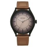 Titan men analog watch, beige dial with beige dial and brown leather strap, model TI-1802NL03, Bahrain