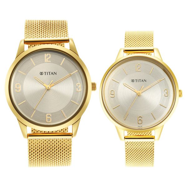 Titan Bandhan Couple Watch Champagne Dial with Gold Mesh Band, 18062YM01P
