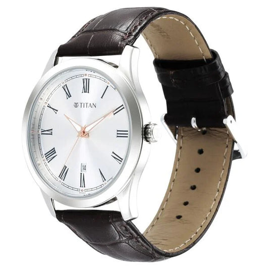 Titan, Men's, Analog Watch, Silver Dial, with Leather Band, TI-1823SL02