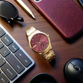 Titan Tet Men's Watch Analog Red Dial With Gold Stainless Steel Band, 1825YM10