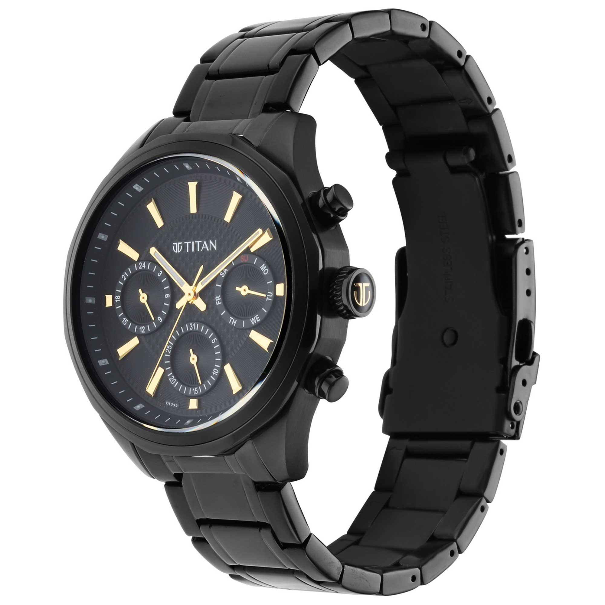 Titan Quartz Multifunction Men's Watch, Black Dial Stainless Steel Strap, 1829NM02 - view 2