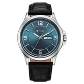 Titan men analog watch, blue dial with day date teal blue dial and black leather strap, model TI-1870SL10, Bahrain