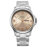 Titan men analog watch, beige dial with day date and beige dial with silver stainless steel strap, model TI-1870SM06, Bahrain