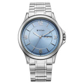 Titan men analog watch, blue dial with day date and ice blue dial with silver stainless steel strap, model TI-1870SM07, Bahrain