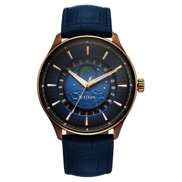 Titan Stellar Analog Men's Watch with Earth Disc and Blue Dial and Blue Leather Strap,1890QL01