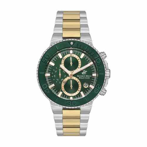 Beverly Hills Polo Club Men's Watch, Analog, Green Dial, Silver and Gold Stainless Steel Strap, BP3540X.270