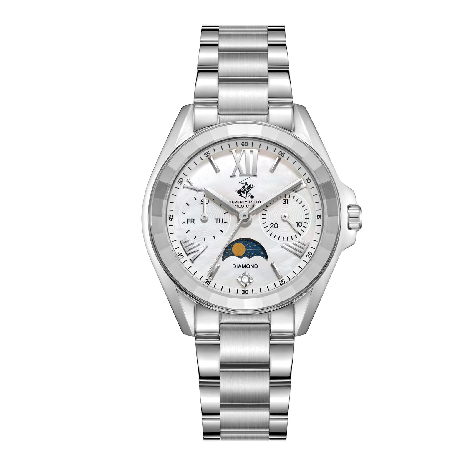 Beverly Hills Polo Club Moon Phase Women's Watch Analog Mother of Pearl Dial with Silver Stainless Steel Band, BP3763X.320