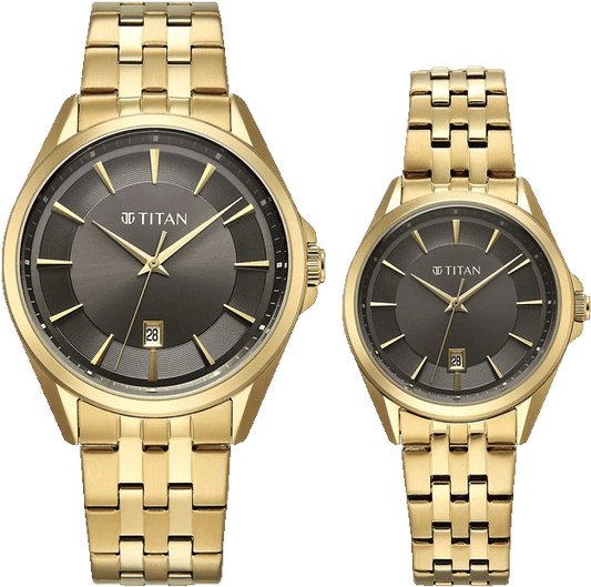 Titan Pair Unisex Quartz Analog Couple Watch Set, Brown Dial, Gold Stainless Steel Strap, TI-94015YM01P