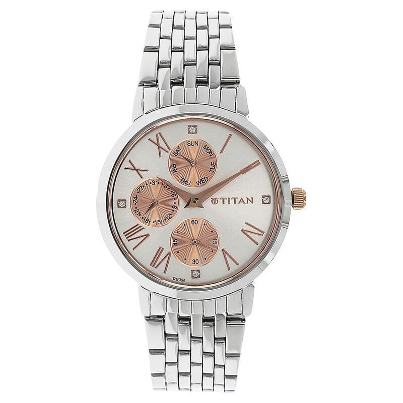 Titan Workwear Women's Watch Analog Rose Gold Dial With Silver Stainless Steel Band, 2569KM01
