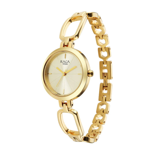 Titan Raga Collection Champagne Dial Gold Stainless Steel Strap Watch for Women, 2725YM01