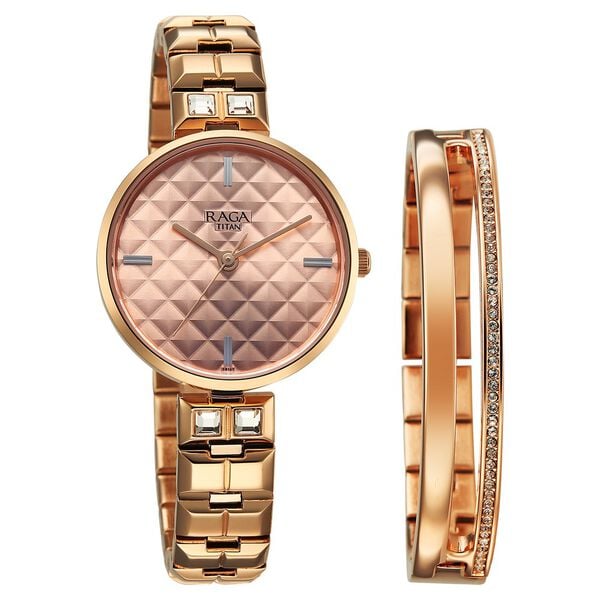 Titan Raga Contempore Quartz Analog Women's Watch with Rose Gold Dial and Metal Strap, 2775WM01