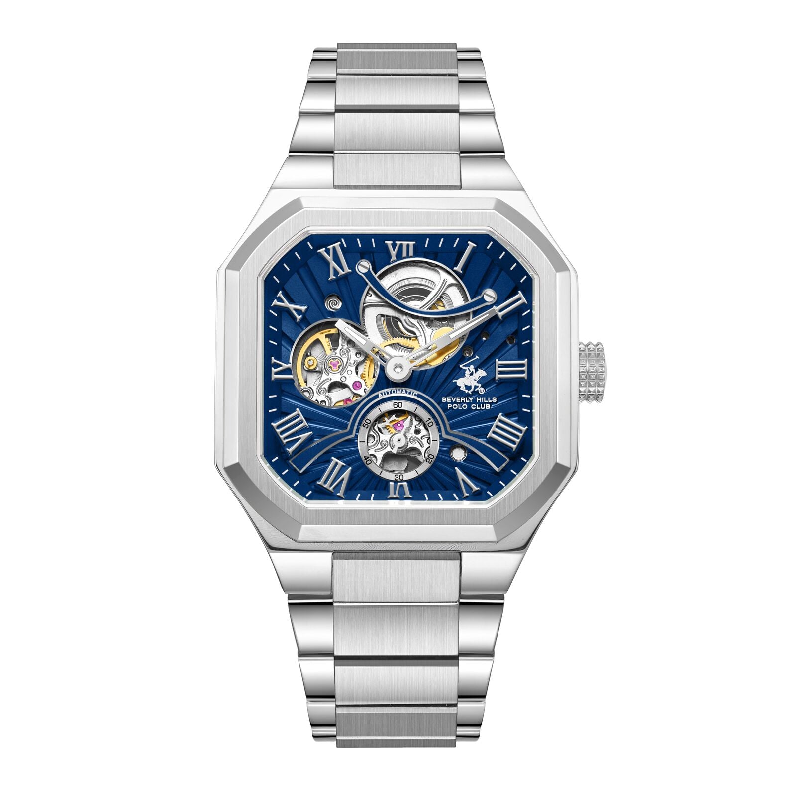Beverly Hills Polo Club Men's Automatic Watch Analog Blue Dial with Silver Stainless Steel Band, BP3799X.390