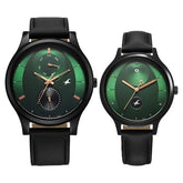 Fastrack Mixmatched Quartz Multifunction Couple Watch Green Dial With Black Leather Strap,32406285NL01