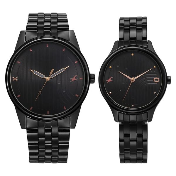Fastrack Couple Watch Analog Black Dial with Black Stainless Steel Band, 3305NM02P
