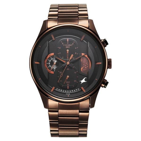 Fastrack Opulence Sun Moon Men's Watch Black Dial with Brown Stainless Steel Band, 3315KM02
