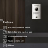 Video doorbell mounted on a black wall with features listed below.