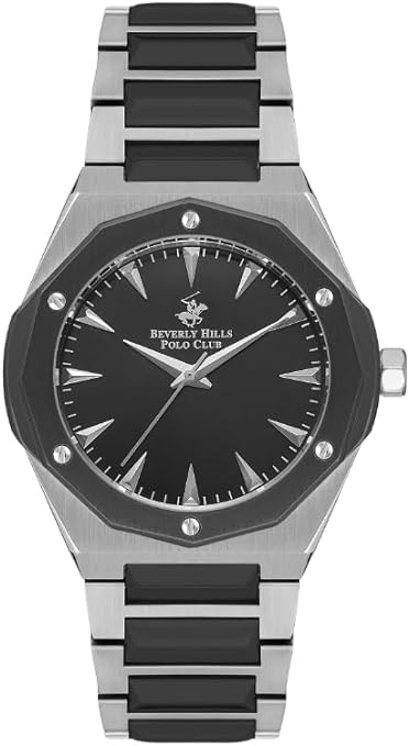 Beverly Hills Polo Club Men's Watch, Analog, Black Dial, Silver & Black Stainless Steel Strap, BP3554X.360