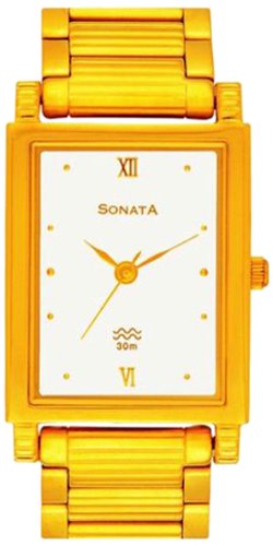 Sonata Men's Watch Analog White Dial With Gold Stainless Steel Band, 7058YM01