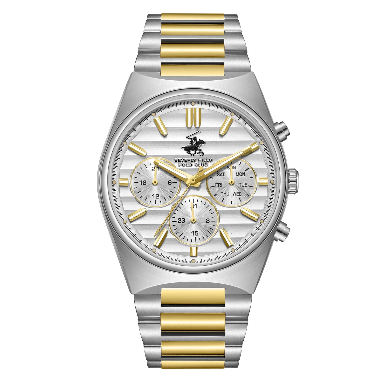 Beverly Hills Polo Club Men's Watch Analog Silver Dial with Silver/Gold Stainless Steel Band, BP3744X.330