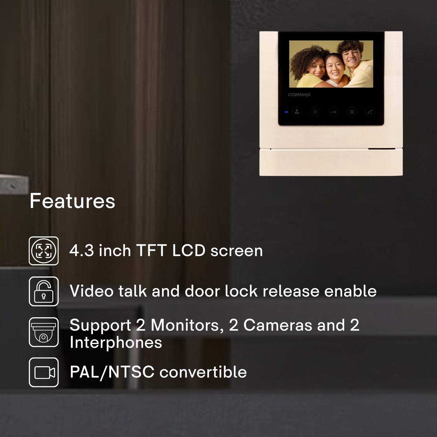 Video intercom system with 4.3 inch TFT LCD screen on a dark wall.