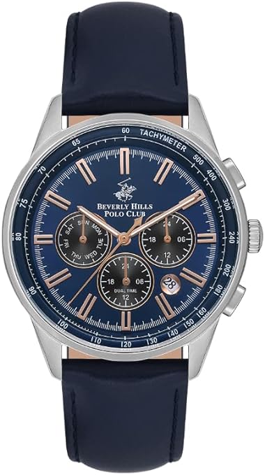 Beverly Hills Polo Club Men's Watch, Analog, Blue Dial, Black Leather Strap, BP3550X.399