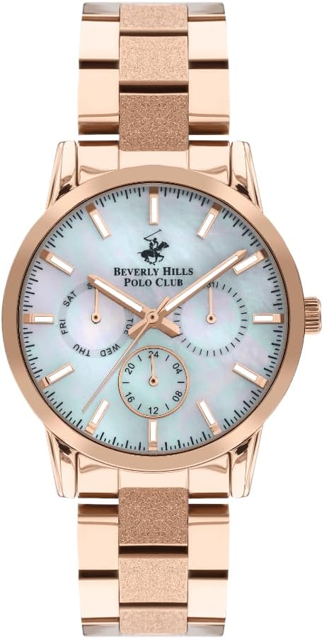 Beverly Hills Polo Club Women's Watch, Analog, White MOP Dial, Rose Gold Stainless Steel Strap, BP3360X.420