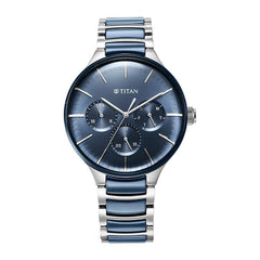 Titan,Men's Watch Analog Blue Dial Silver Dual-Toned Stainless Steel Band, 90148KD02