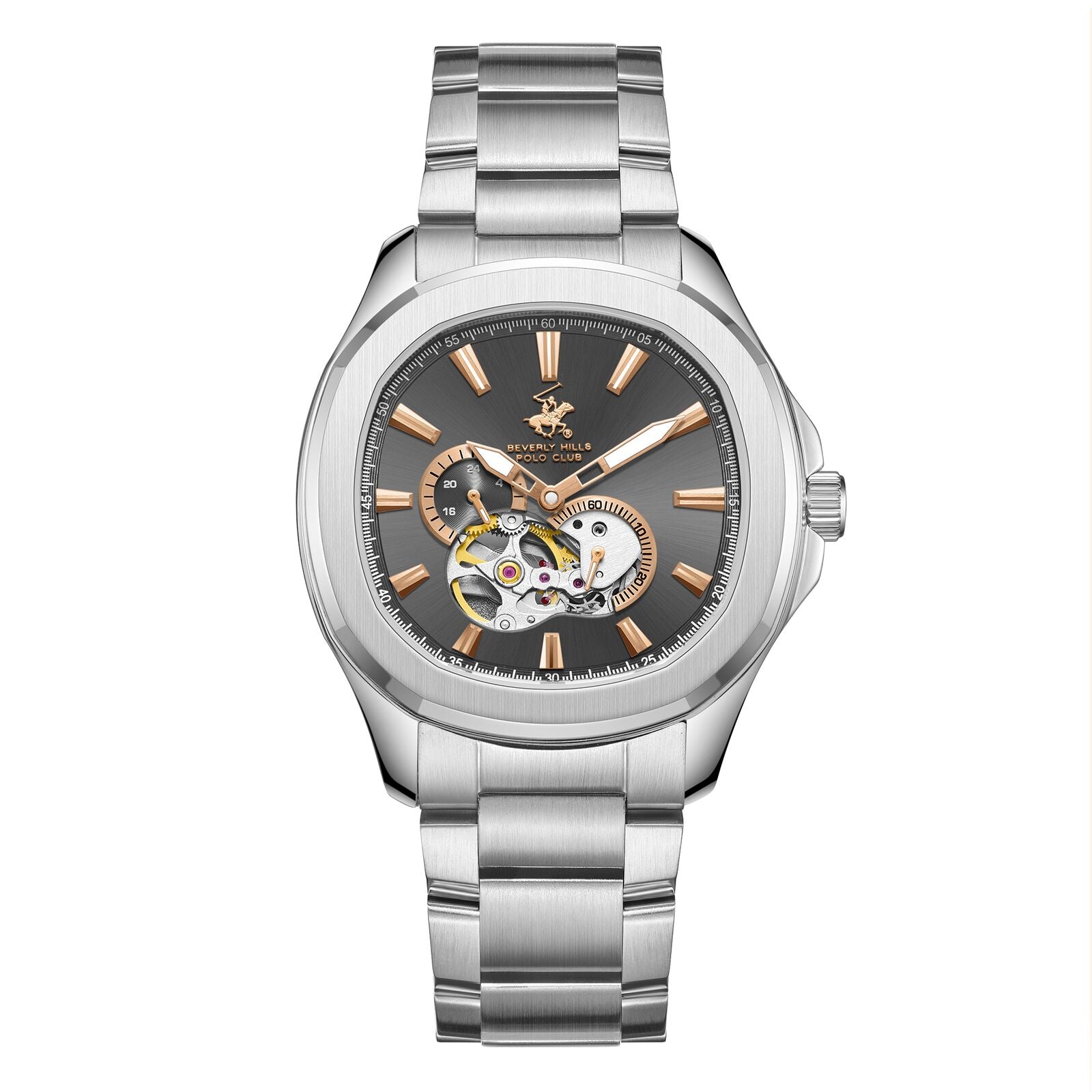 Beverly Hills Polo Club Men's Automatic Watch Analog Grey Dial with Silver Stainless Steel Band, BP3728X.360