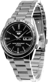 Seiko 21 Jewels Men's Automatic Watch Analog Black Dial with Silver Stainless Steel Band, SNKE01J