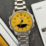 Casio Men's Watch Analog-Digital Yellow Dial With Silver Stainless Steel Band, AMW-880D-9AVDF
